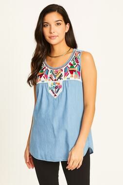 THML Embroidered Boho Denim Tank Top Multicolor Stitch Detail M Western Cowgirl